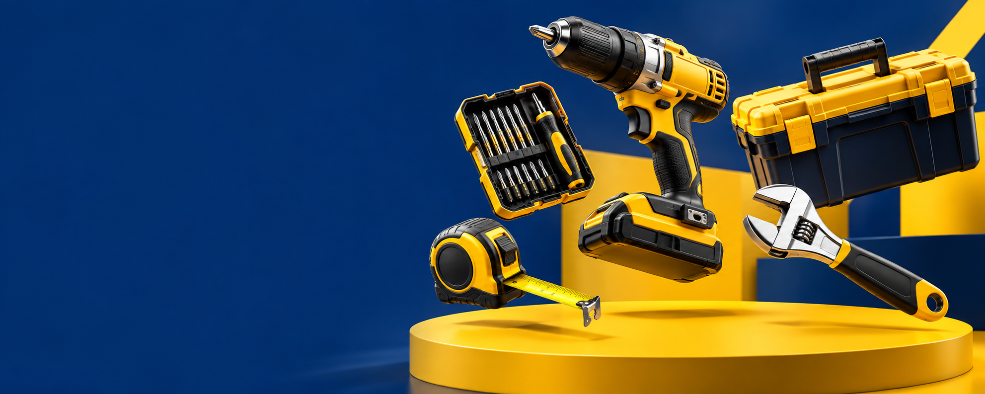 Herramientas sobre escenario azul y amarillo en 3D