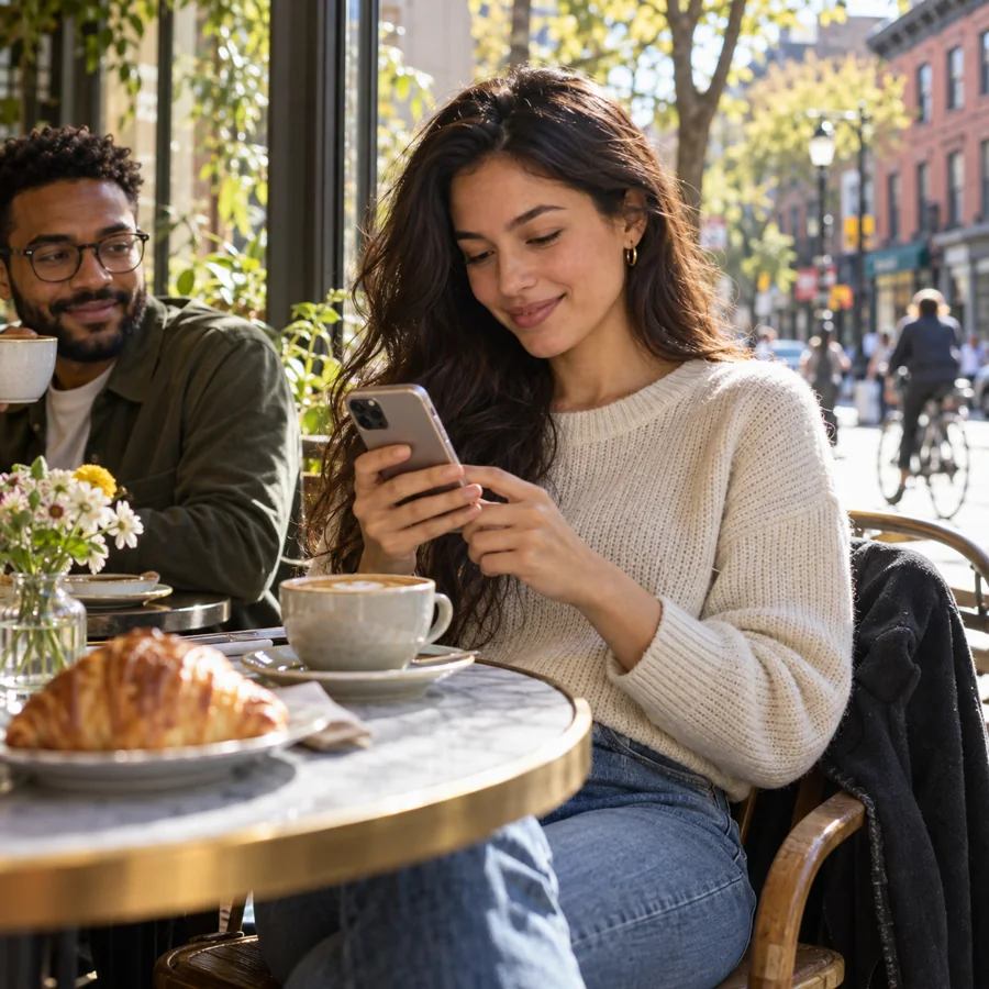 Una persona lee ideas en su celular desde un café