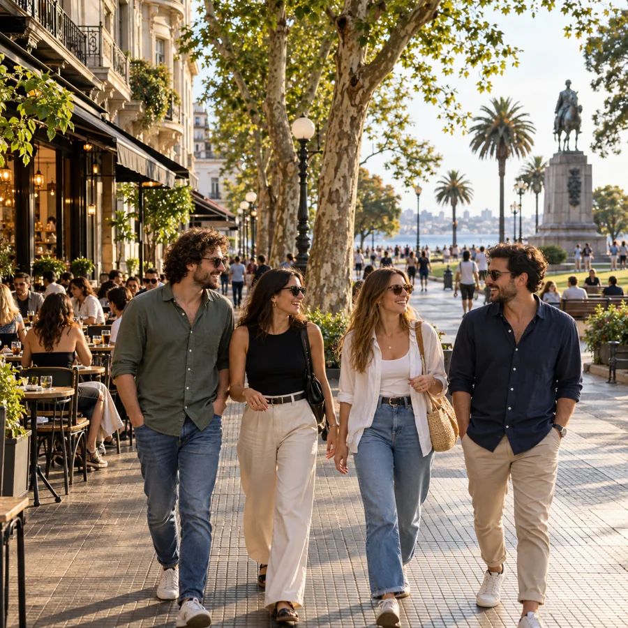 Personas paseando entre cafés y espacios públicos