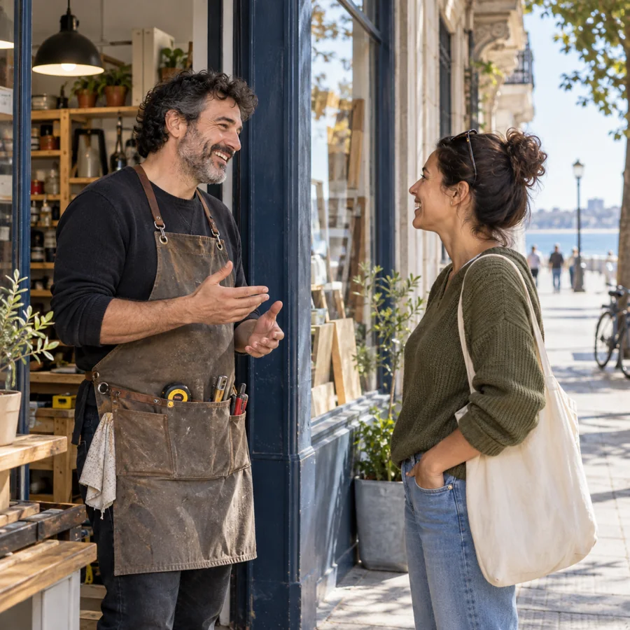 Una vecina consulta a un comerciante de la zona