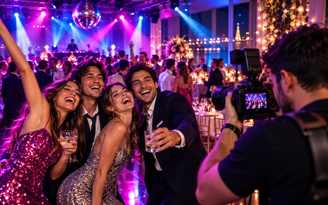 Fotógrafo retratando invitados durante una fiesta