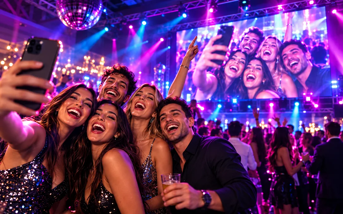 Invitados tomándose una selfie que aparece en la pantalla de la fiesta