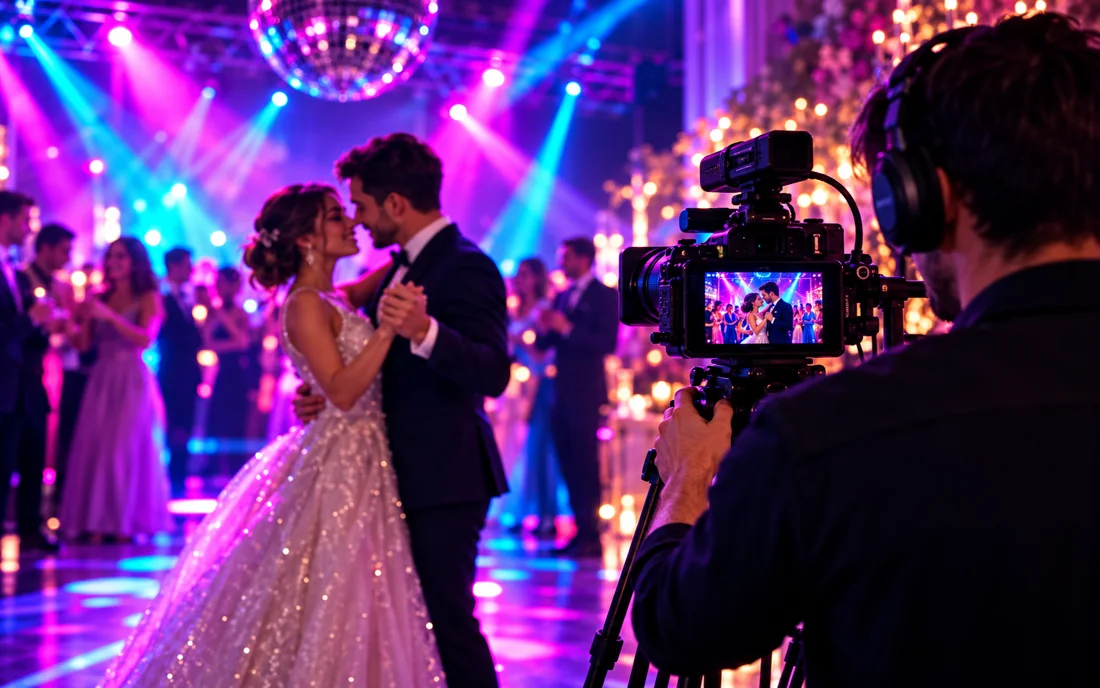 Videógrafo filmando una pareja durante una celebración