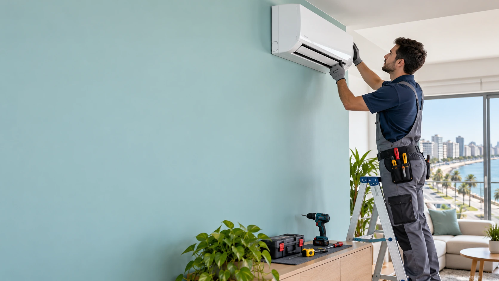 Un técnico instala un aire acondicionado en una vivienda